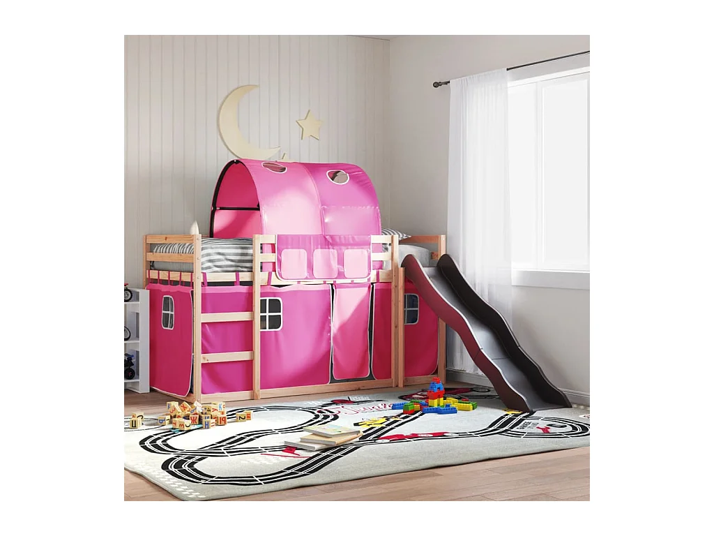 Letto a Castello con Scivolo e Tende Rosa 90x190 cm
