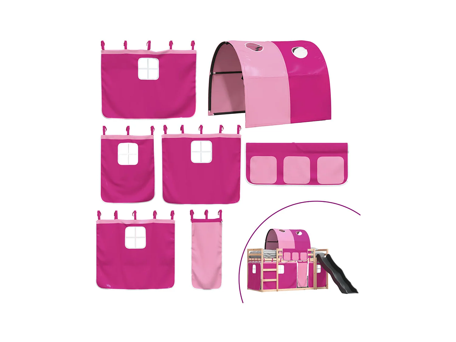 Letto a Castello con Scivolo e Tende Rosa 90x190 cm