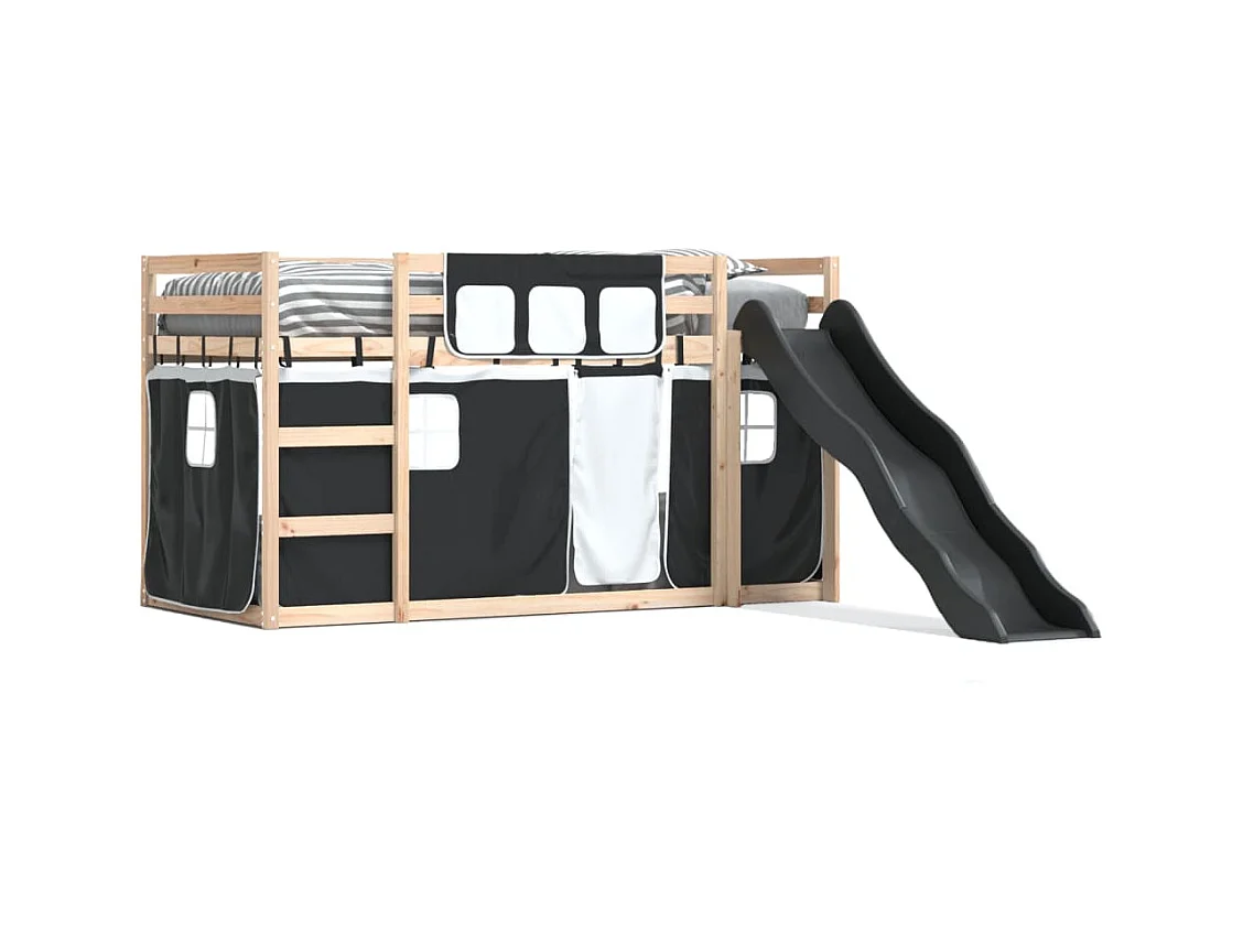 Letto a Castello con Scivolo e Tende Bianco e Nero 80x200 cm