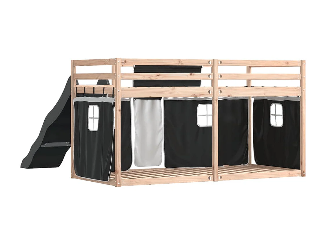 Letto a Castello con Scivolo e Tende Bianco e Nero 80x200 cm