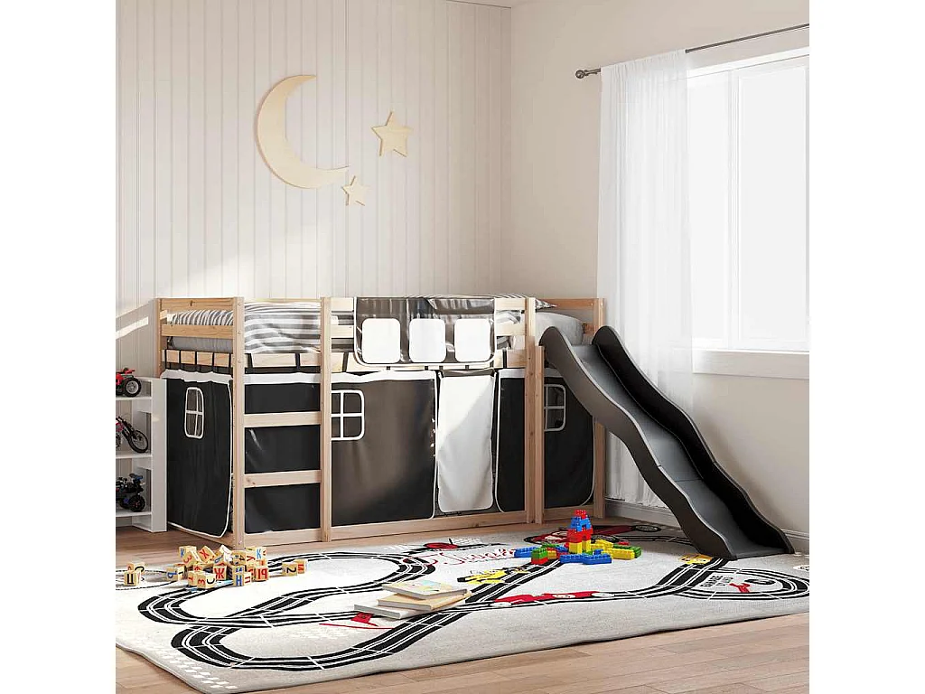 Etagenbett mit Rutsche und Gardinen Weiß und Schwarz 90x190 cm