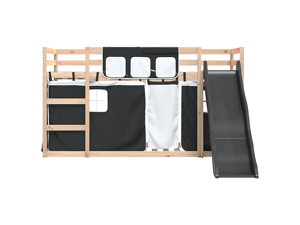 Etagenbett mit Rutsche und Gardinen Weiß und Schwarz 90x190 cm