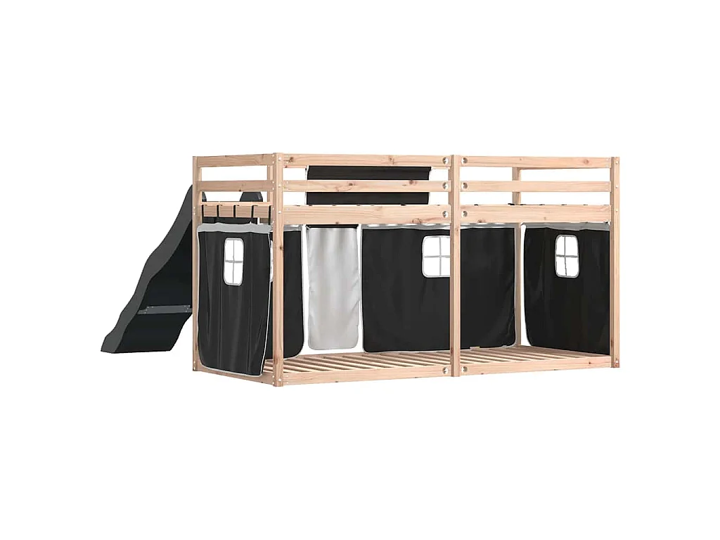 Etagenbett mit Rutsche und Gardinen Weiß und Schwarz 90x190 cm