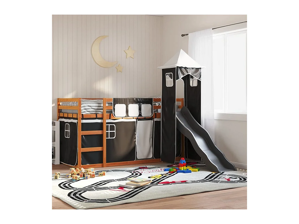 Lit superposé sans matelas avec toboggan blanc noir 90x200 cm