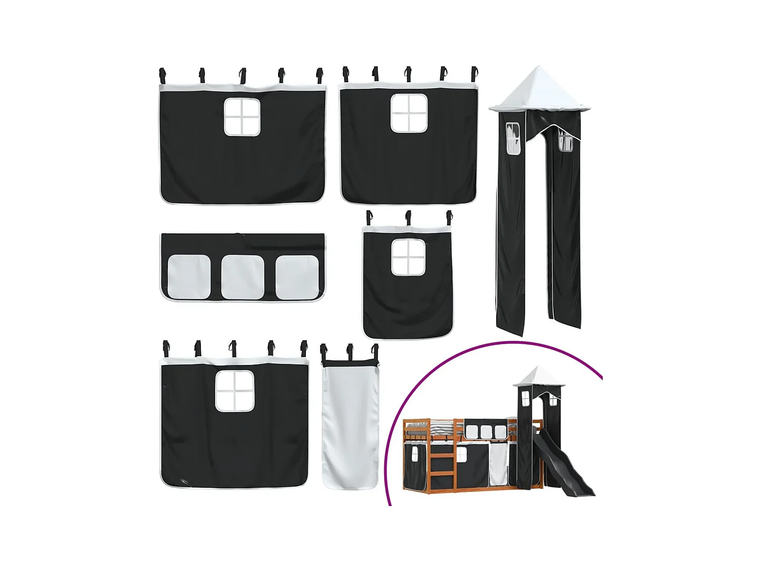 Lit superposé sans matelas avec toboggan blanc noir 90x200 cm