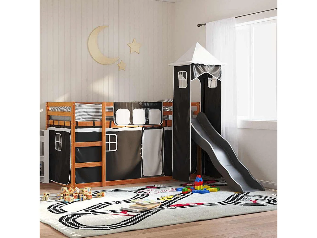 Lit superposé sans matelas avec toboggan blanc noir 90x200 cm