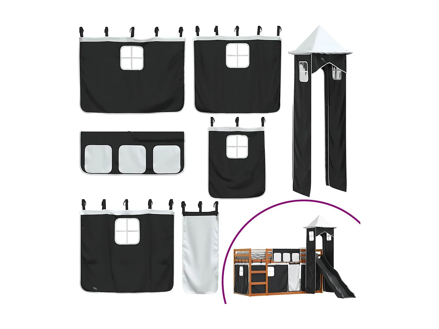 Lit superposé sans matelas avec toboggan blanc noir 90x200 cm