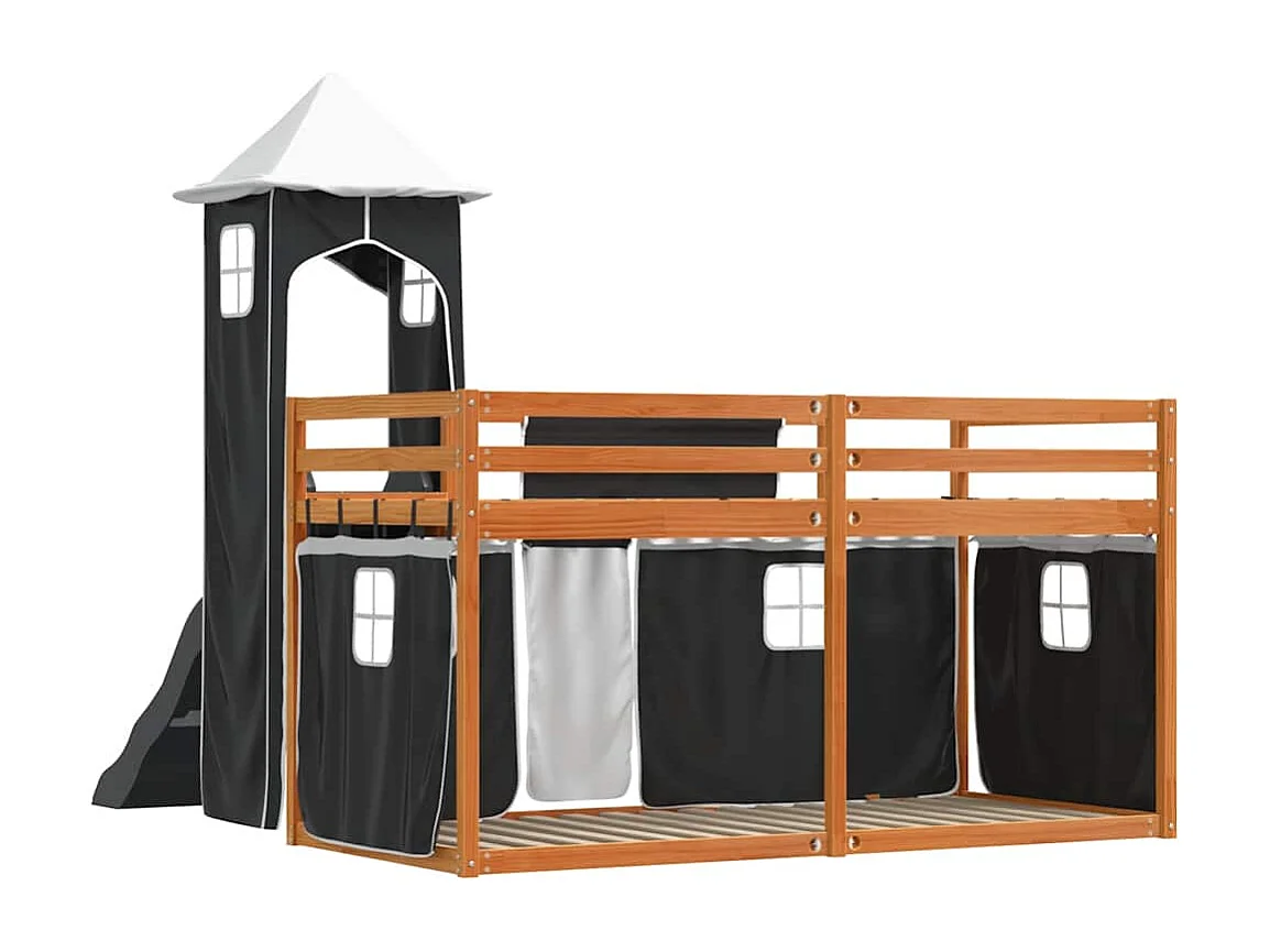Etagenbett mit Rutsche und Gardinen Weiß und Schwarz 90x200 cm