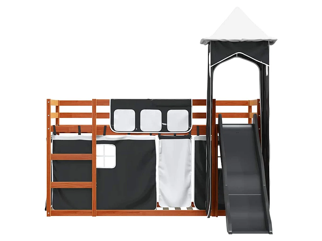 Stapelbed met glijbaan en gordijnen wit en zwart 90x200 cm