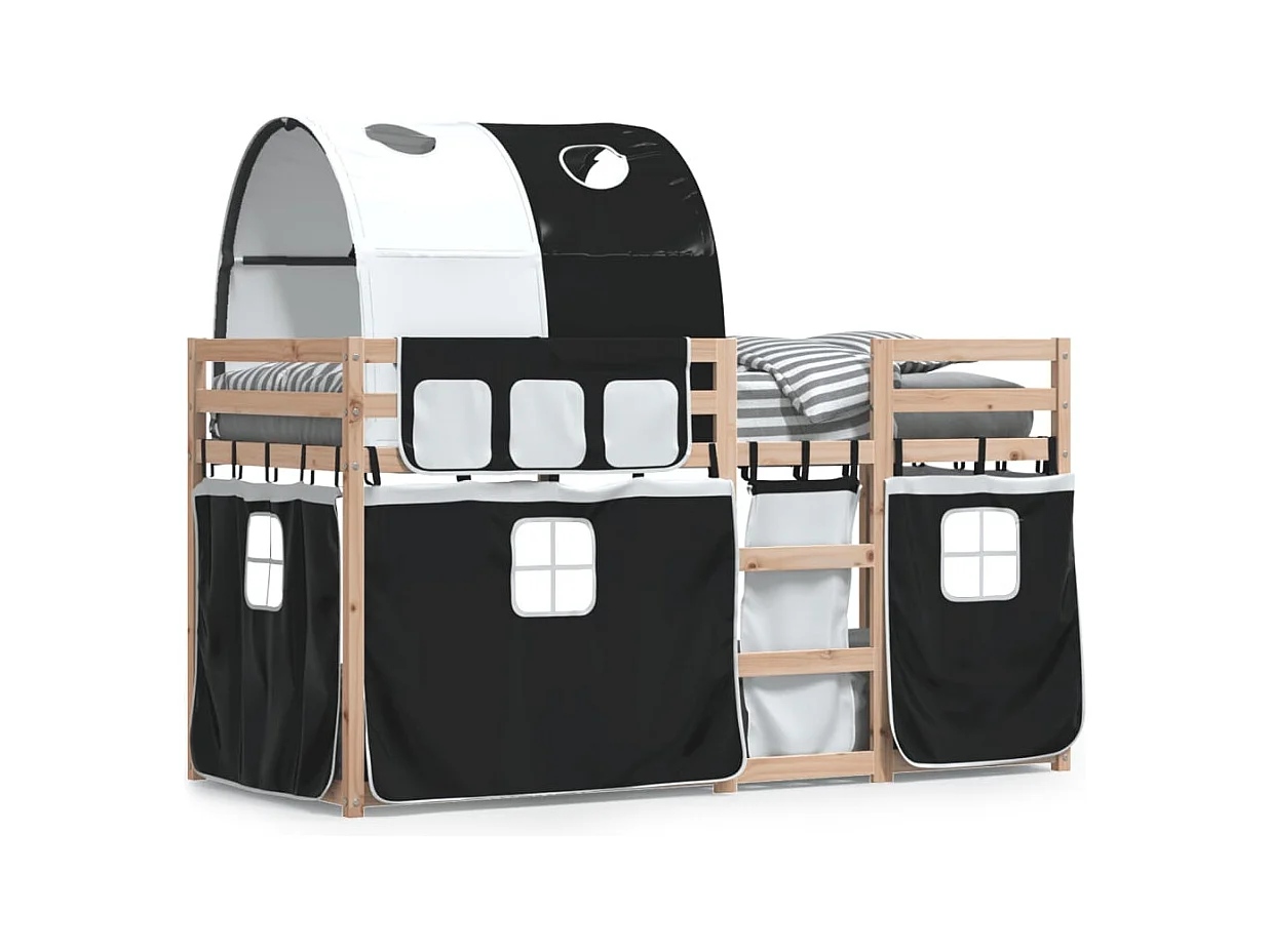 Lit superposé avec rideaux blanc-noir 90x190 bois pin massif