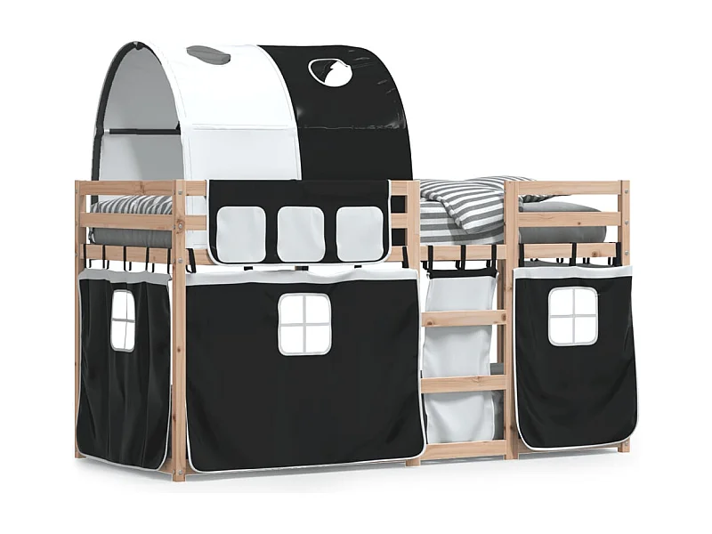 Lit superposé avec rideaux blanc-noir 90x190 bois pin massif