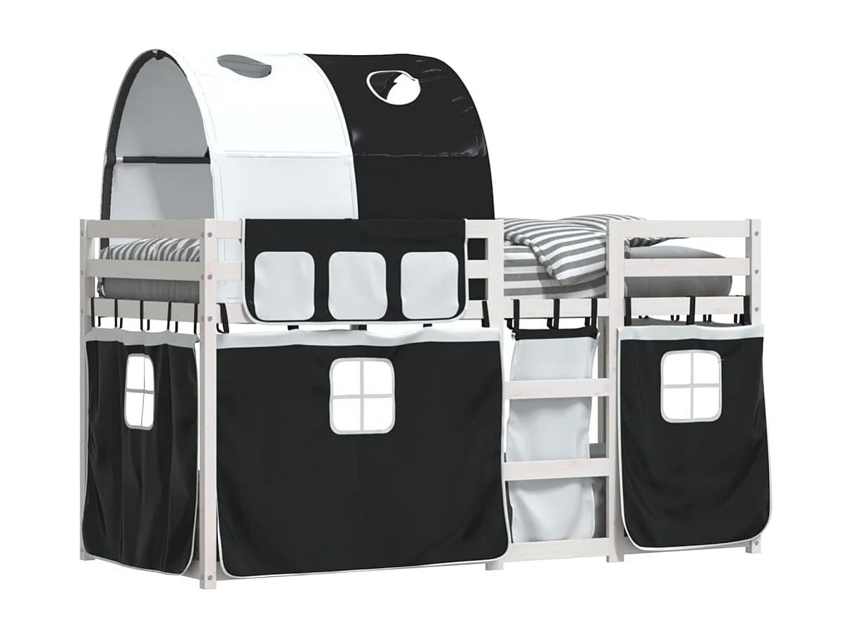 Lit superposé avec rideaux blanc-noir 90x190 bois pin massif