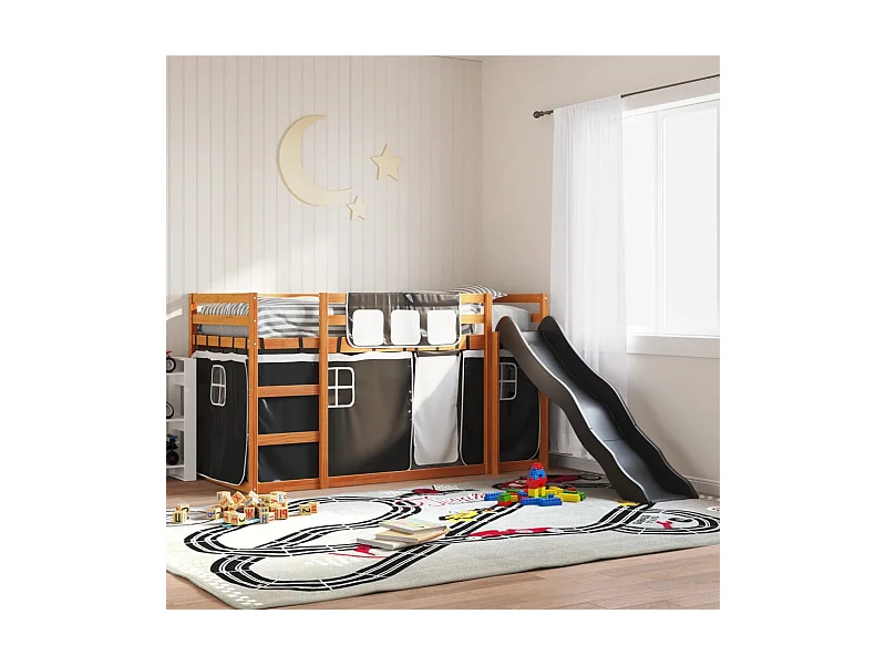 Etagenbett mit Rutsche und Gardinen Weiß und Schwarz 90x200 cm
