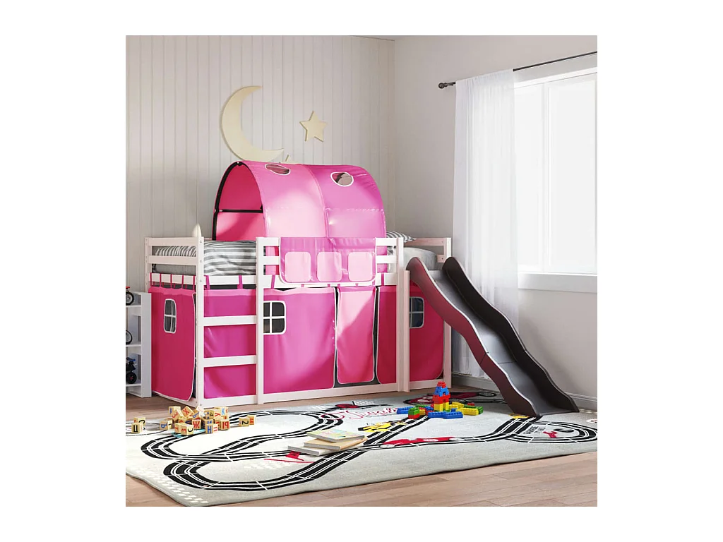 Letto a Castello con Scivolo e Tende Rosa 90x190 cm