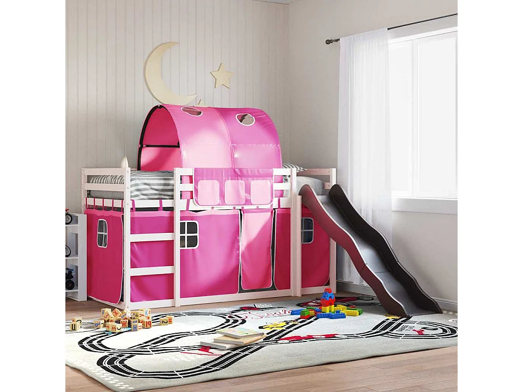 Stapelbed met glijbaan en gordijnen roze 90x190 cm