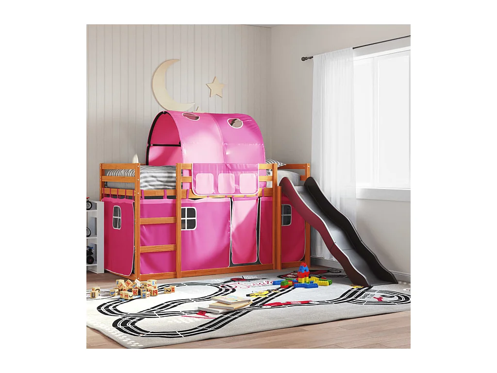 Etagenbett mit Rutsche und Gardinen Rosa 90x200 cm