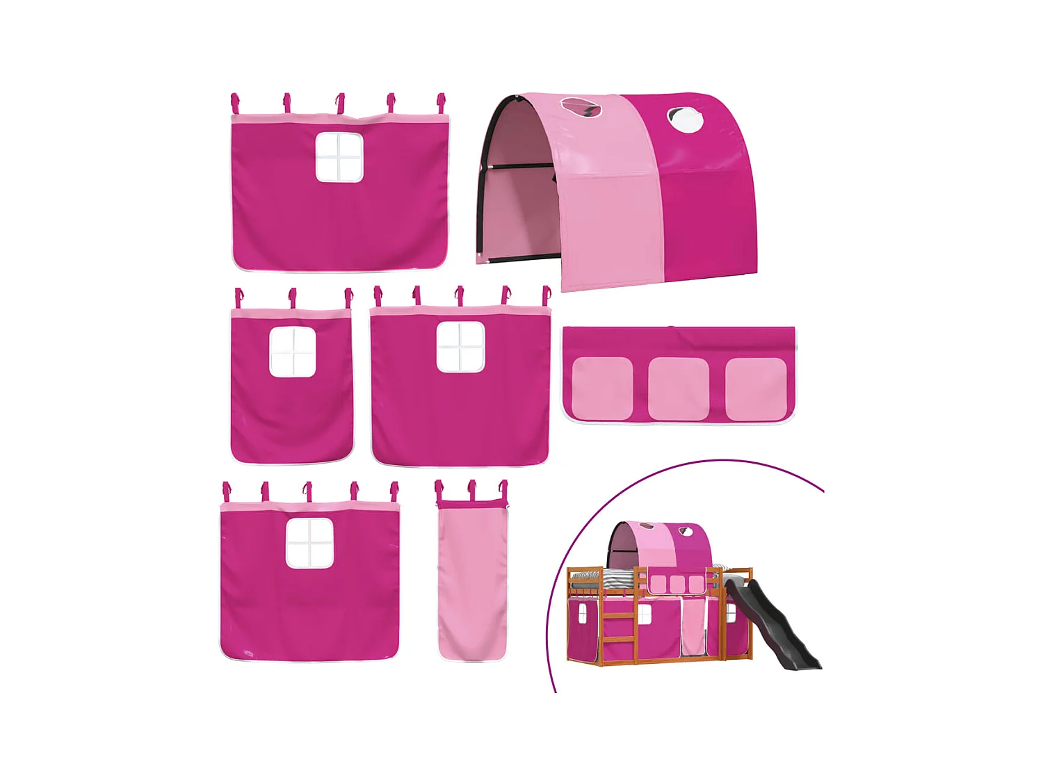 Etagenbett mit Rutsche und Gardinen Rosa 90x200 cm