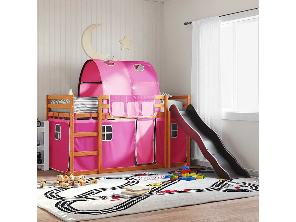 Etagenbett mit Rutsche und Gardinen Rosa 90x200 cm