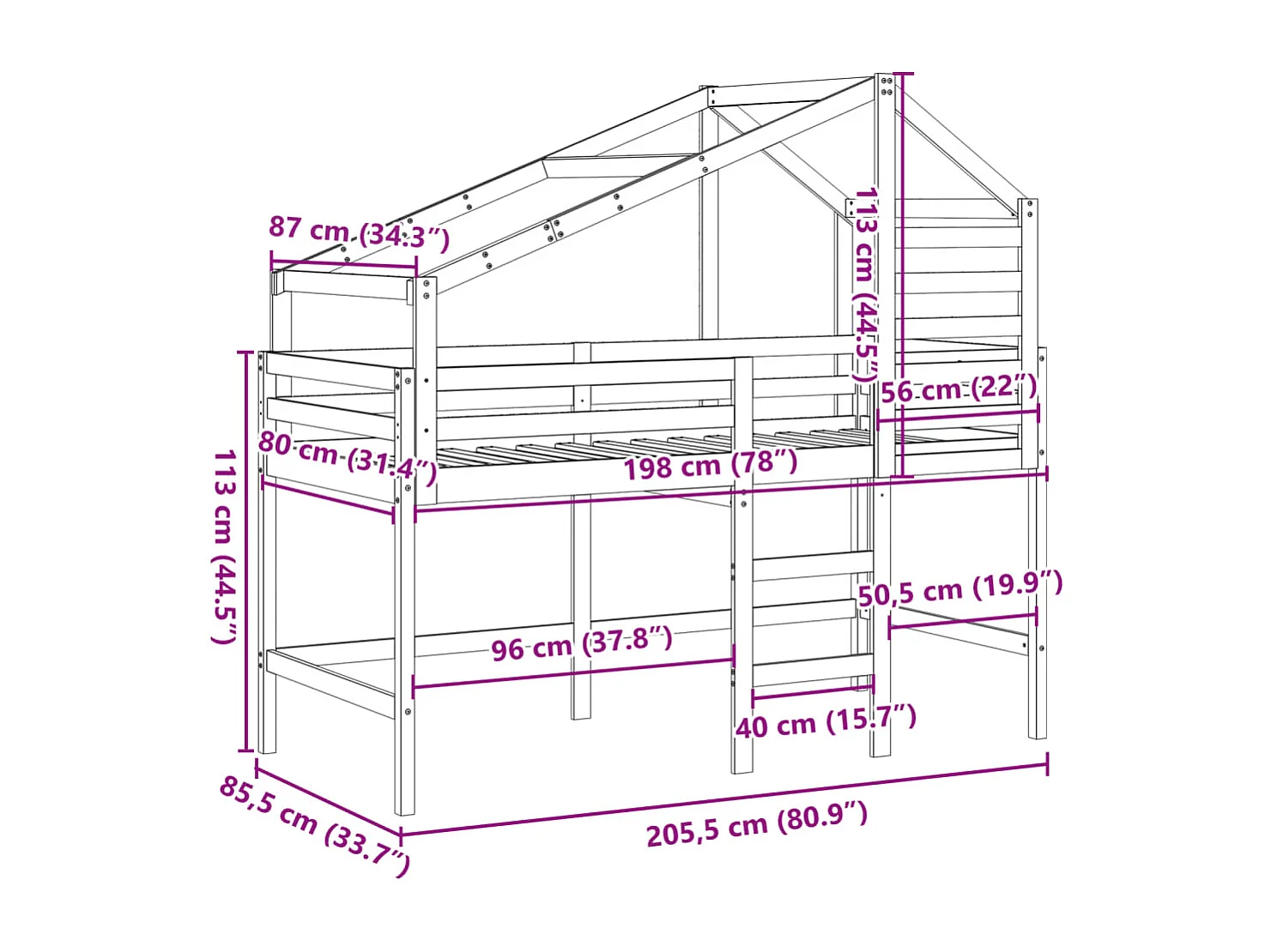 Cama alta c/ escada e telhado 80x200 cm pinho maciço branco