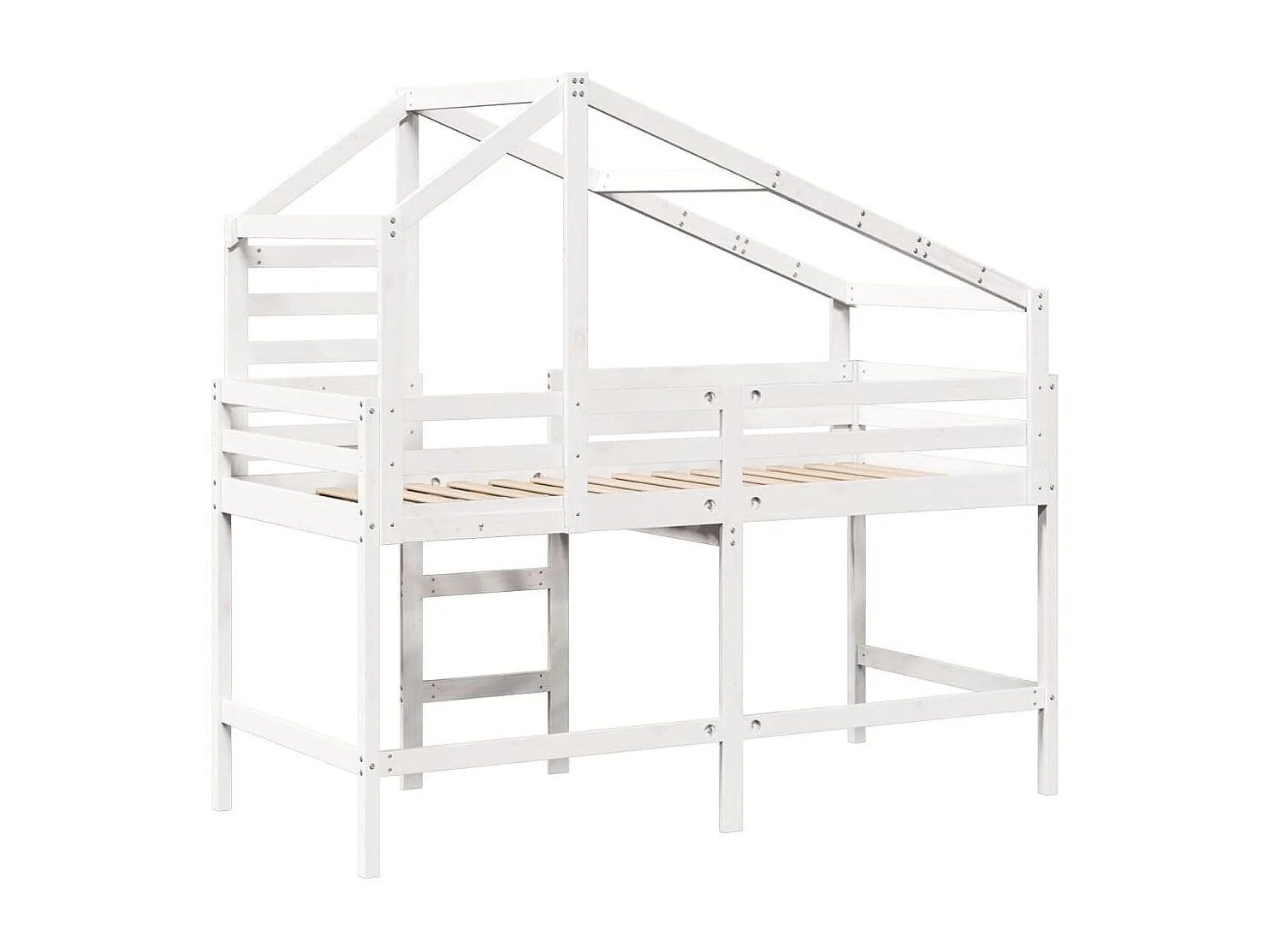 Cama alta c/ escada e telhado 80x200 cm pinho maciço branco