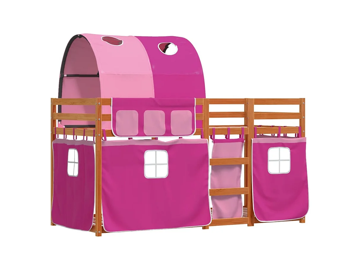 Lit superposé avec rideaux rose 90x200 bois pin massif