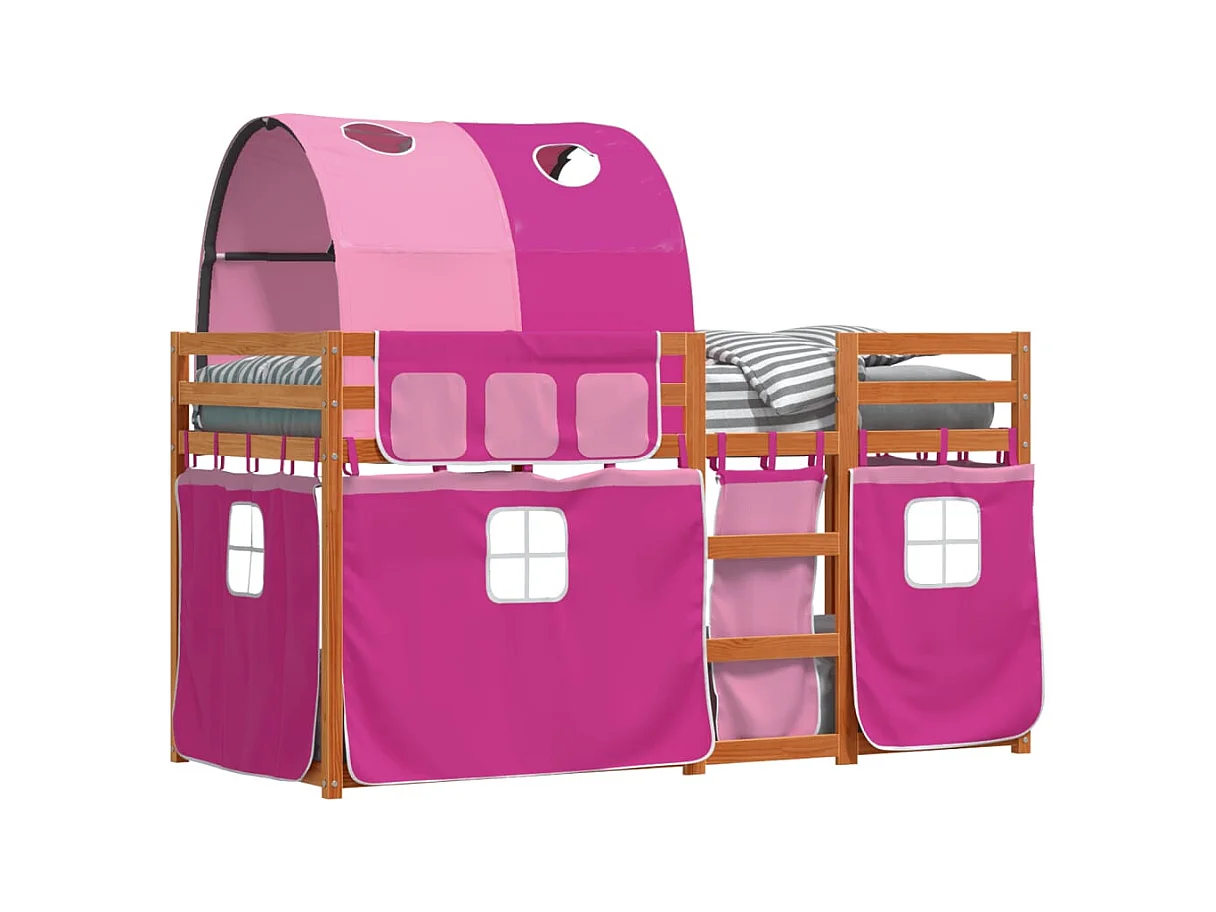 Lit superposé avec rideaux rose 90x200 bois pin massif