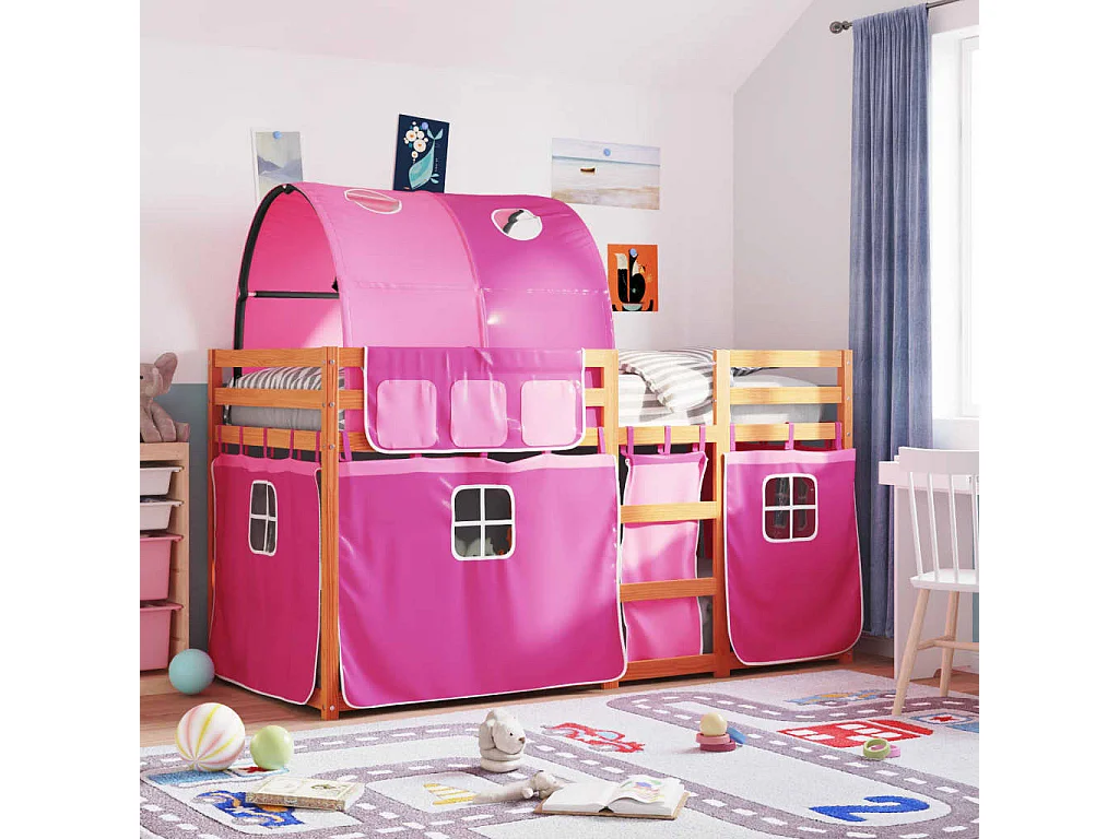 Lit superposé avec rideaux rose 90x200 bois pin massif
