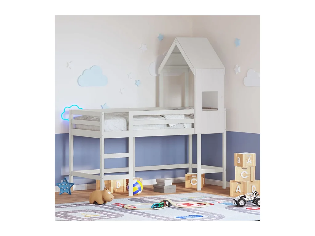 Hochbett mit Leiter und Dach Weiß 90x190 cm Massivholz Kiefer