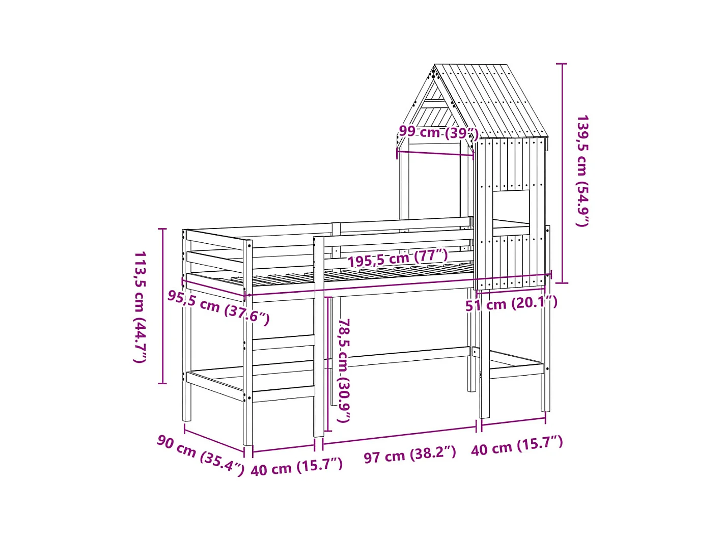 Hochbett mit Leiter und Dach Weiß 90x190 cm Massivholz Kiefer