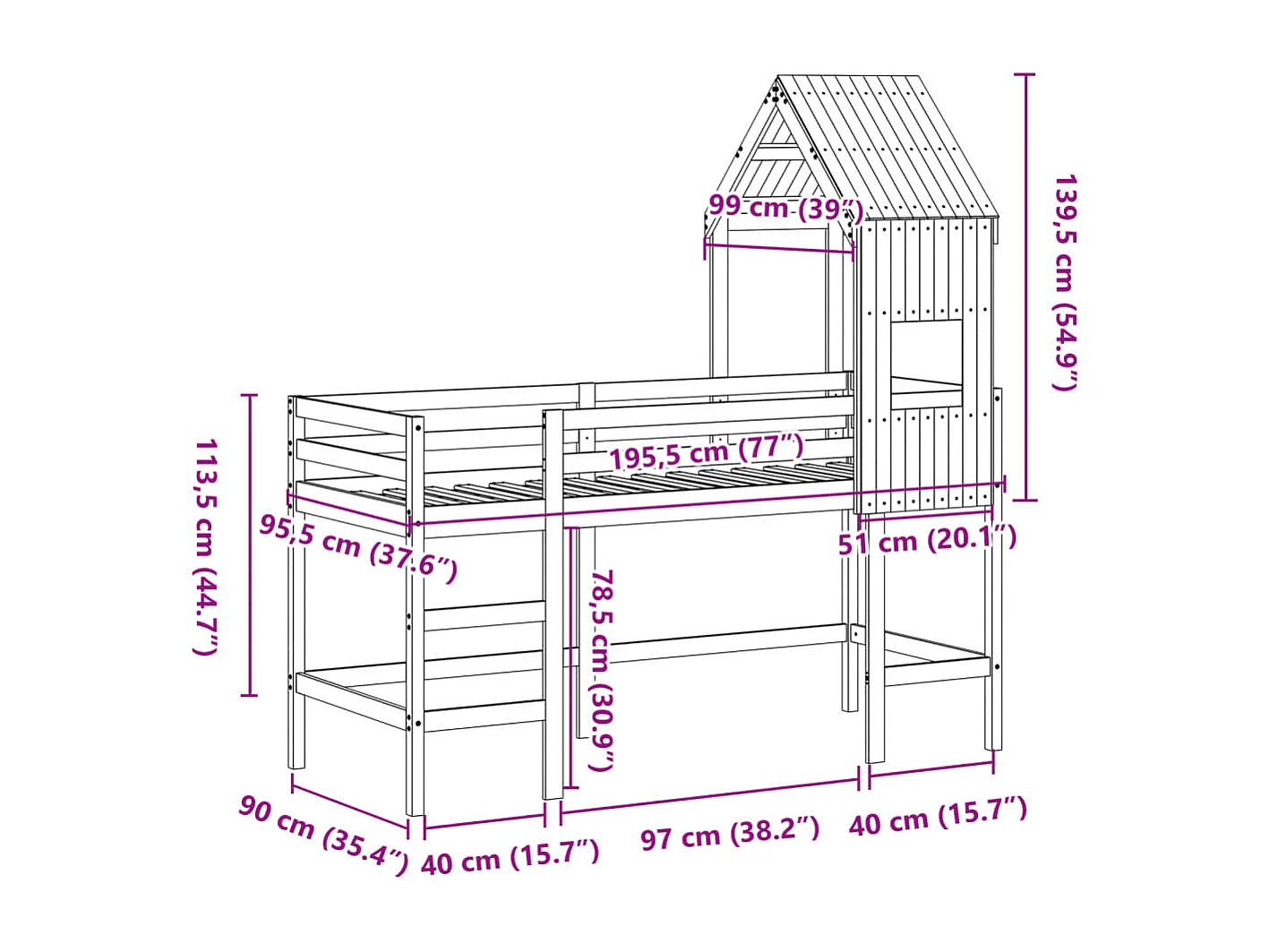 Cama alta c/ escada e telhado 90x190 cm pinho maciço branco