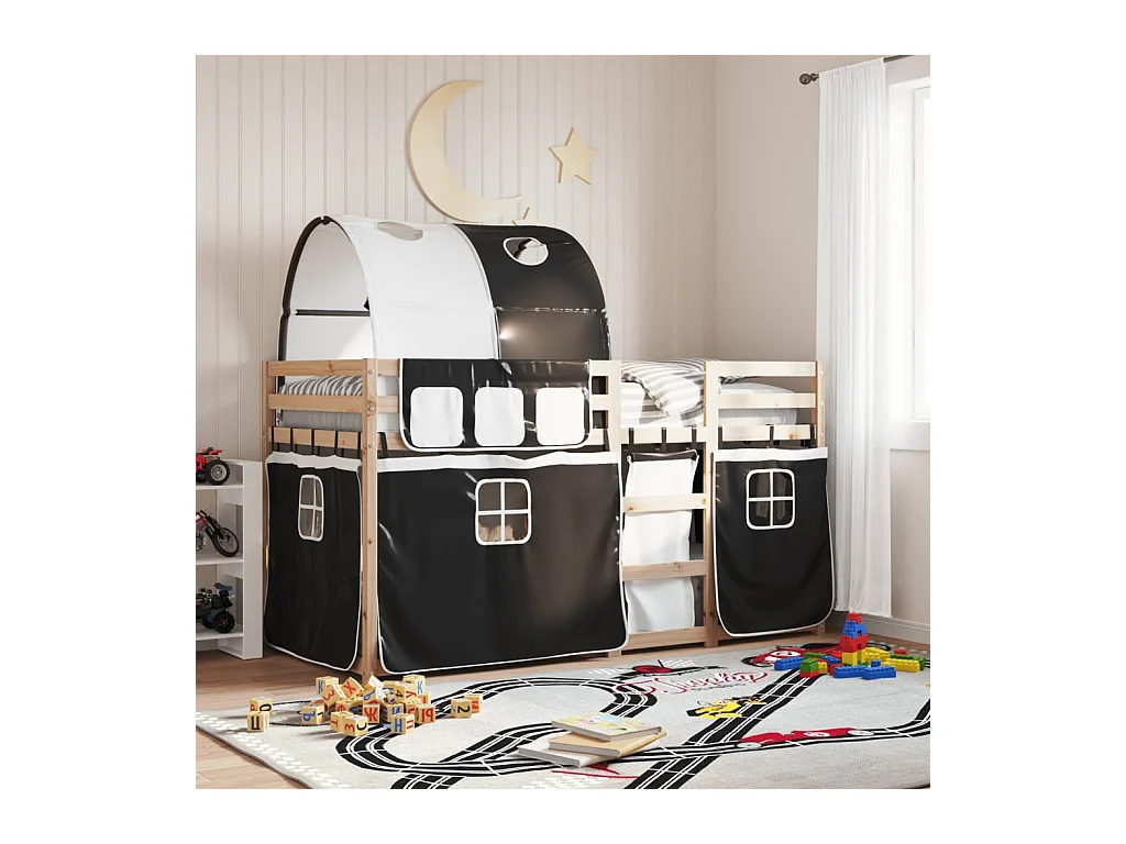 Lit superposé avec rideaux blanc-noir 90x200 bois pin massif