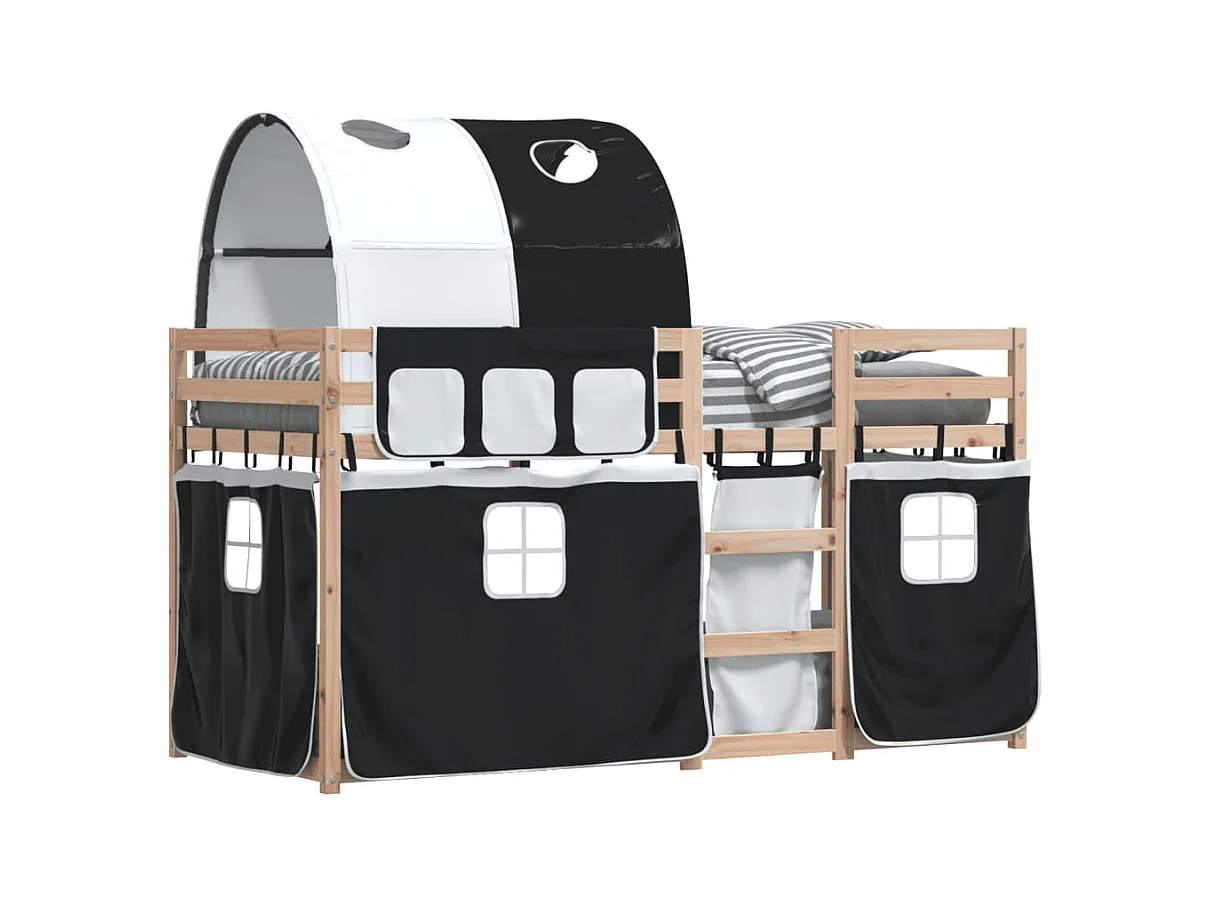 Lit superposé avec rideaux blanc-noir 90x200 bois pin massif