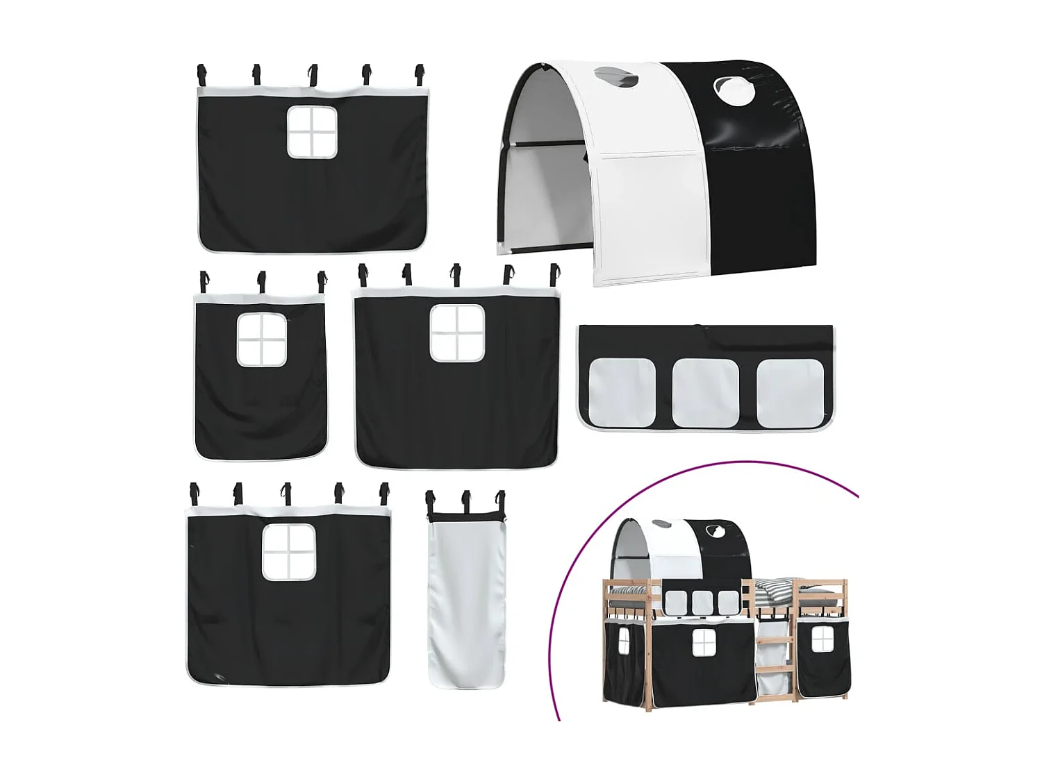 Lit superposé avec rideaux blanc-noir 90x200 bois pin massif