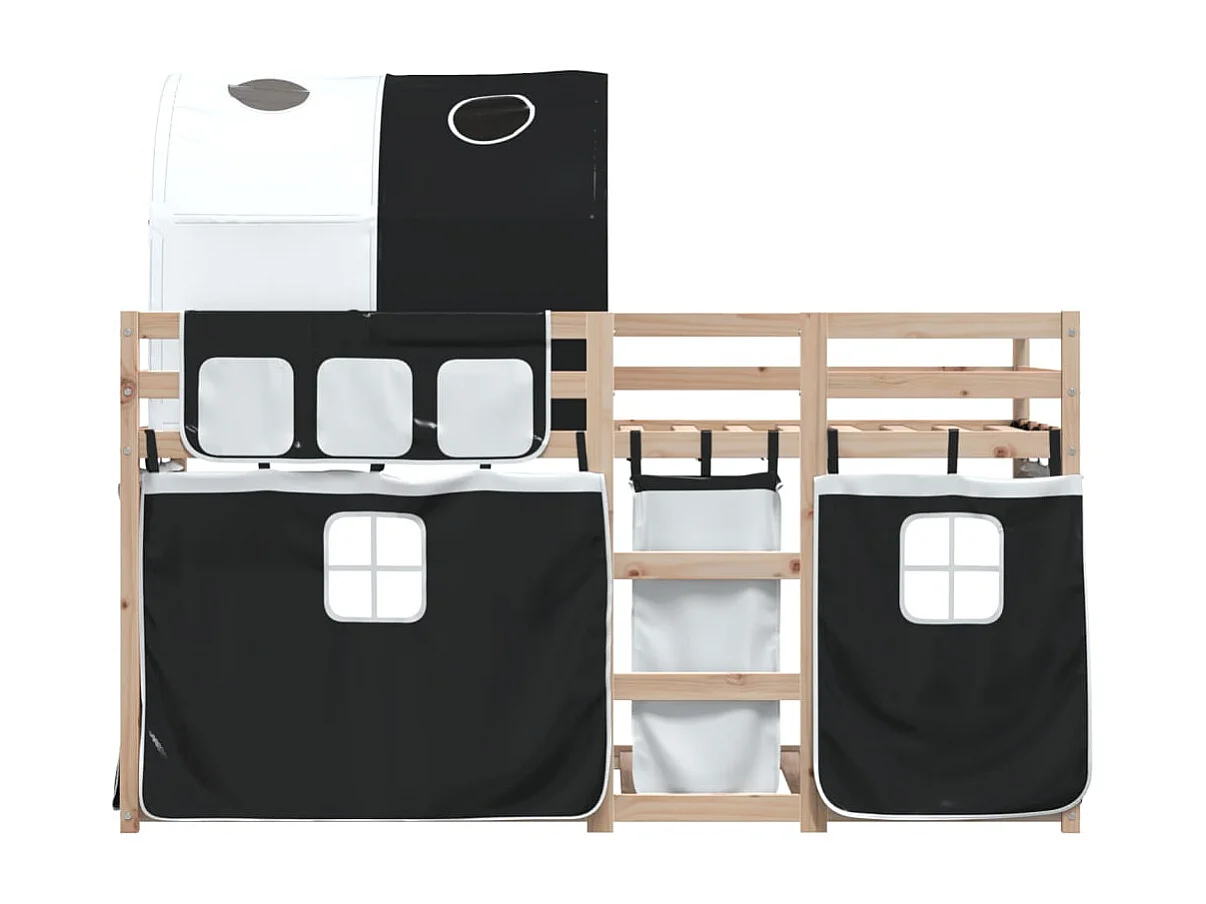 Lit superposé avec rideaux blanc-noir 90x200 bois pin massif