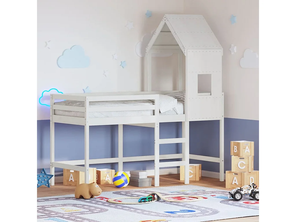 Cama alta c/ escada e telhado 80x200 cm pinho maciço branco