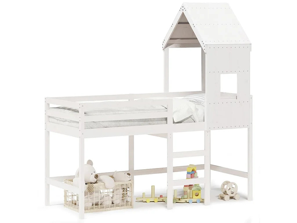 Cama alta c/ escada e telhado 80x200 cm pinho maciço branco