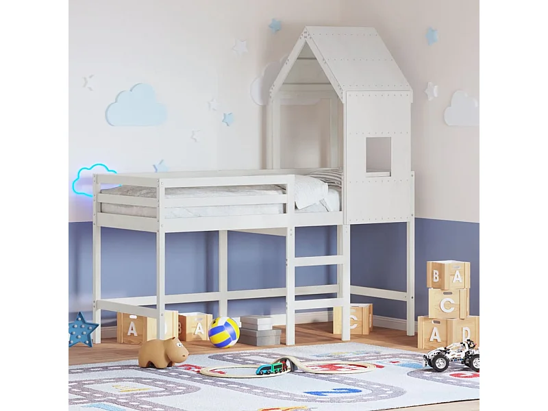 Cama alta c/ escada e telhado 80x200 cm pinho maciço branco