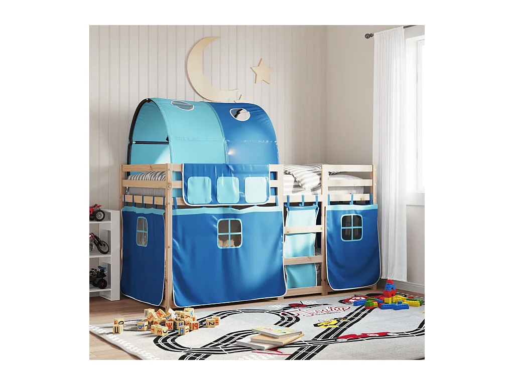 Lit superposé avec rideaux bleu 80x200 bois pin massif