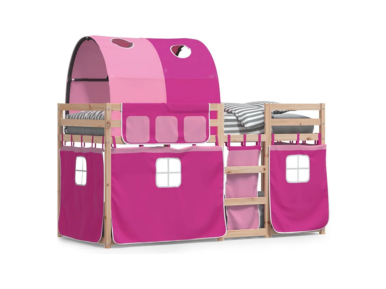Lit superposé avec rideaux rose 90x190 bois pin massif