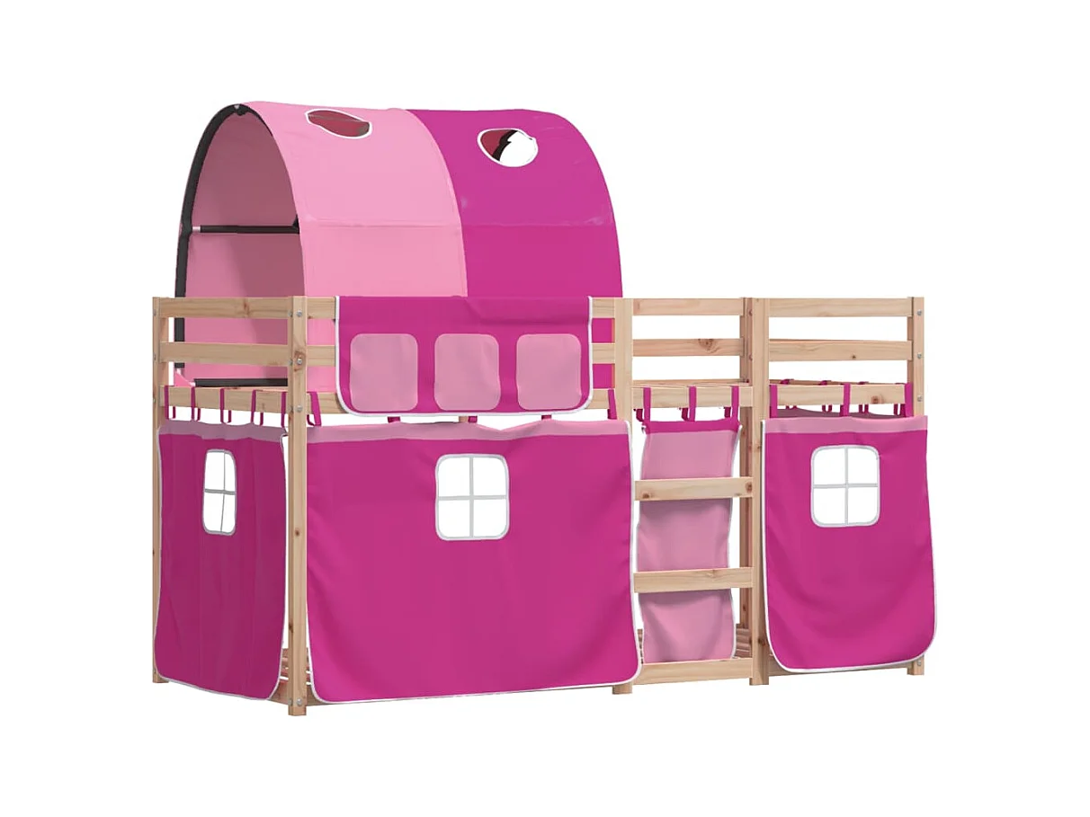 Lit superposé avec rideaux rose 90x190 bois pin massif
