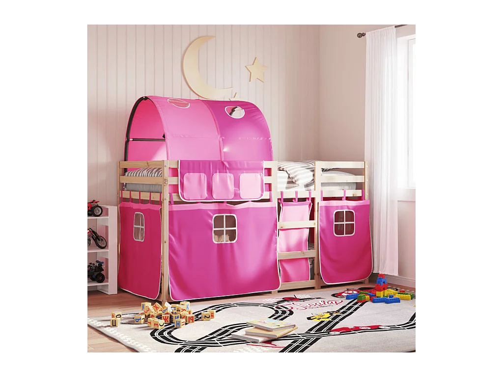 Lit superposé avec rideaux rose 90x190 bois pin massif