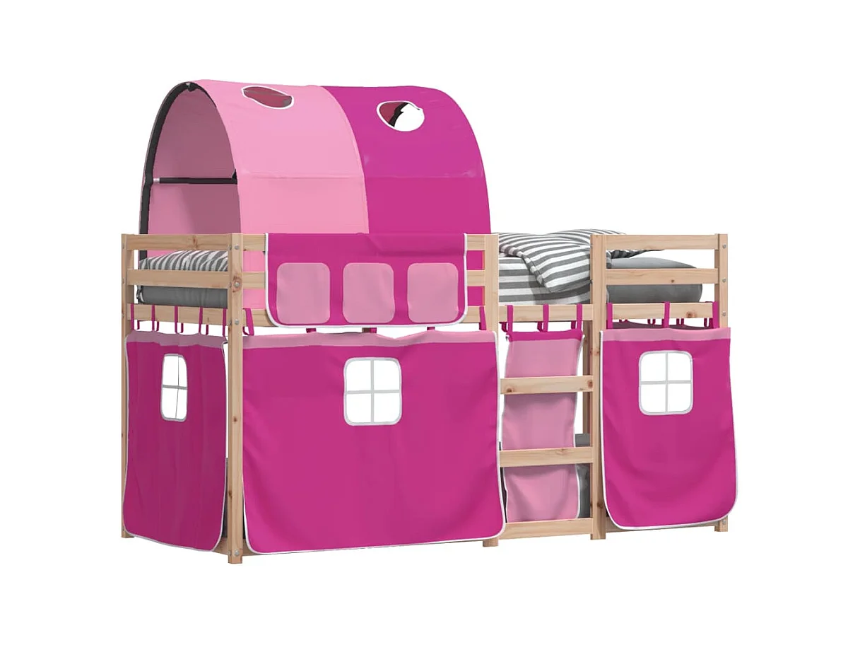Lit superposé avec rideaux rose 90x190 bois pin massif