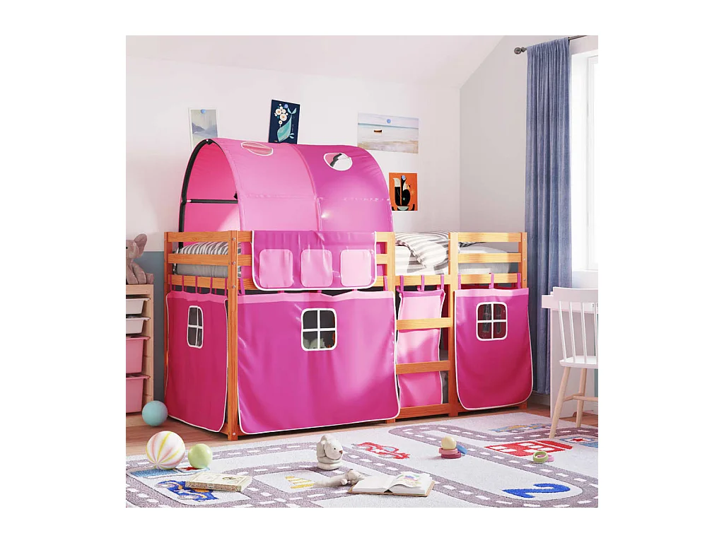 Lit superposé avec rideaux rose 80x200 bois pin massif