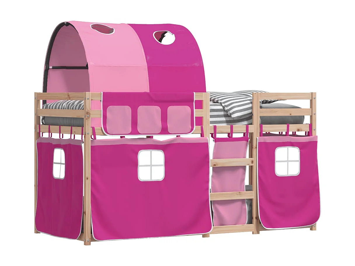 Lit superposé avec rideaux rose 80x200 bois pin massif