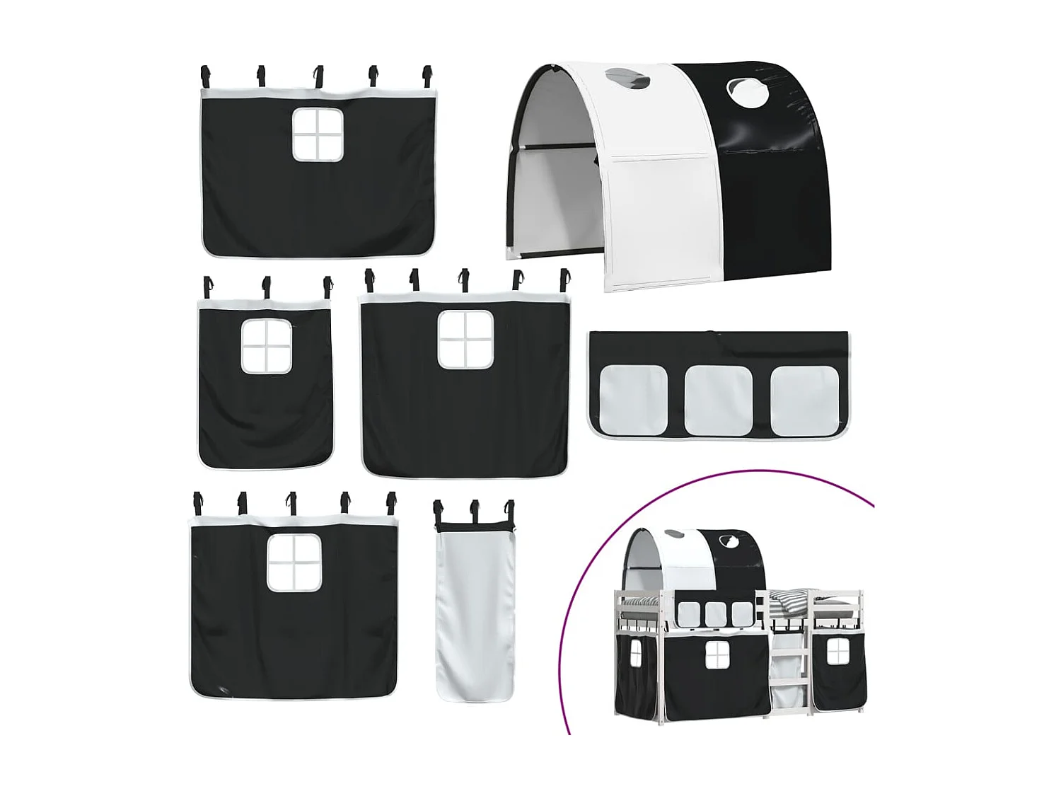 Lit superposé avec rideaux blanc-noir 90x190 bois pin massif