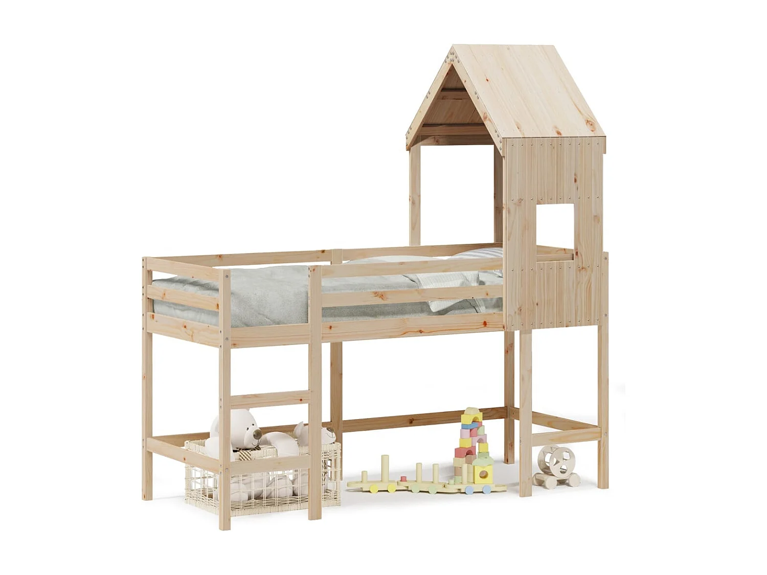 Hochbett mit Leiter und Dach 90x200 cm Massivholz Kiefer