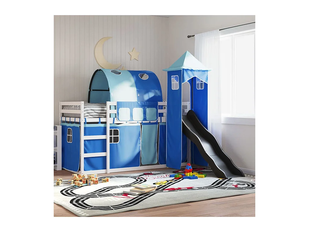 Stapelbed met glijbaan en gordijnen blauw 80x200 cm