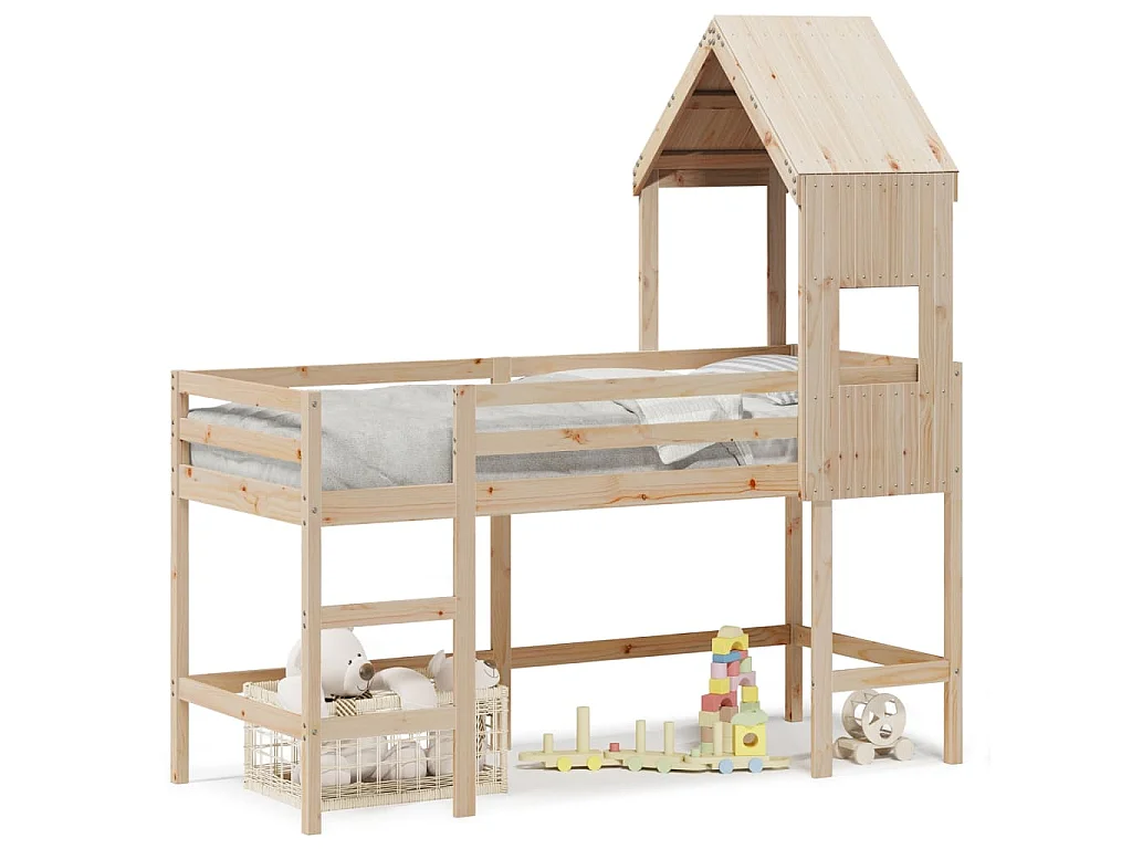 Cama alta c/ escada e telhado 90x190 cm pinho maciço