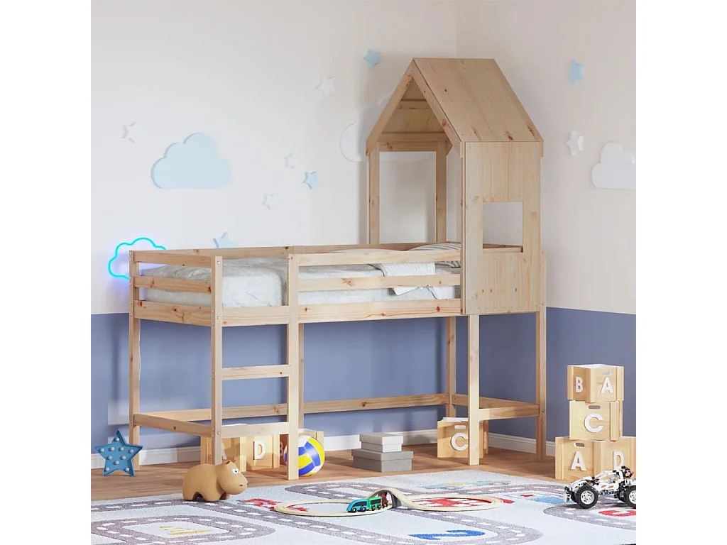 Cama alta c/ escada e telhado 90x190 cm pinho maciço
