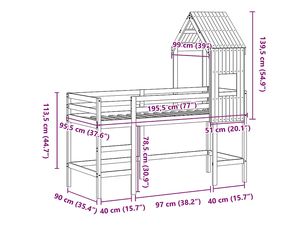 Cama alta c/ escada e telhado 90x190 cm pinho maciço